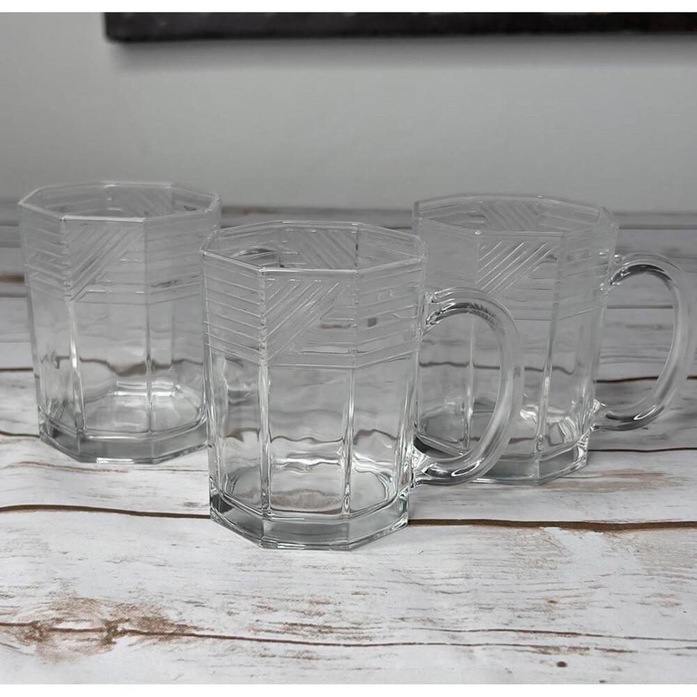 Vintage Arcoroc ACO1 Glass Mugs Octagonal Textured Set of 3